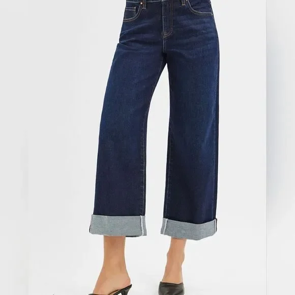 RISEN USA Mid Rise Fit Ankle Wide Leg Roll Up Women'sDark Blue Jeans sz 11 [30